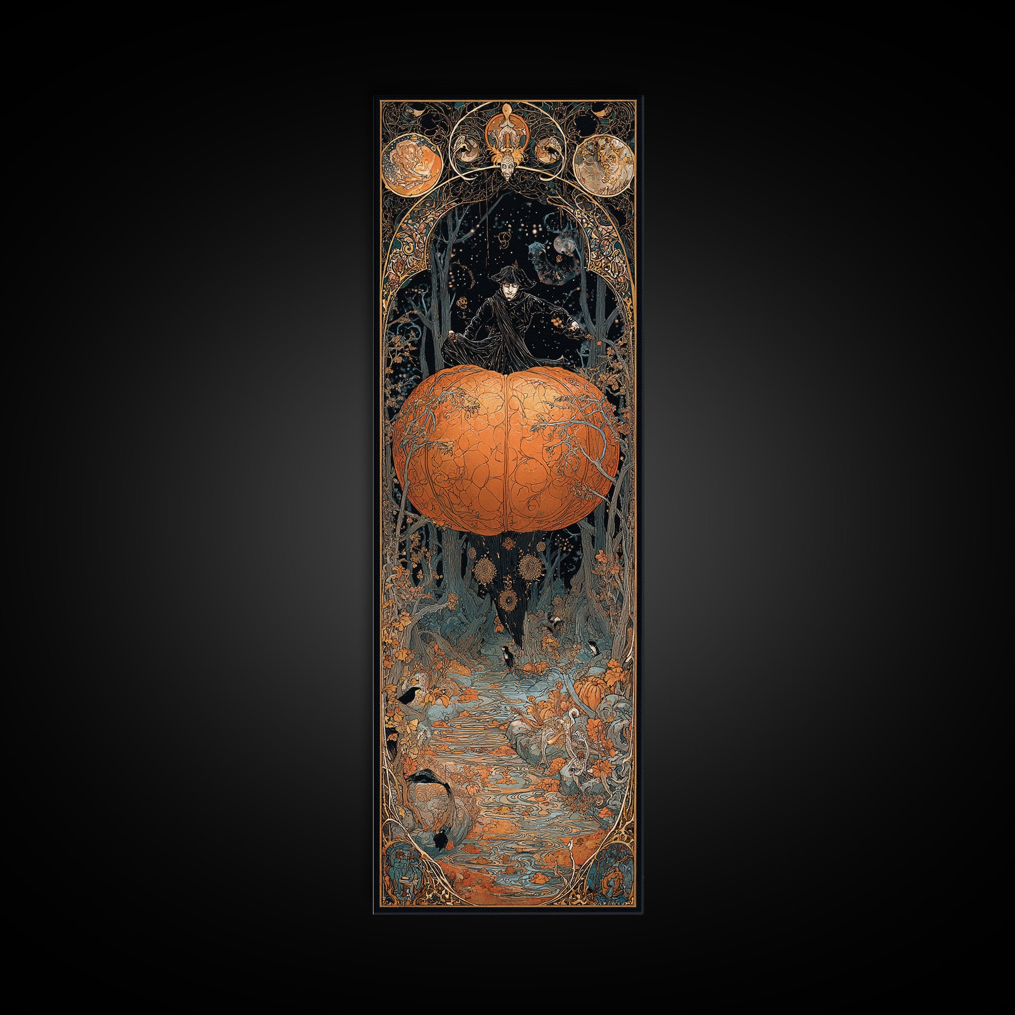 The Cosmic Pumpkin God, Stained Glass Gothic Art, Tall Narrow Wall Art, Dark Fantasy Wall Art, Canvas Print, Halloween Wall Art