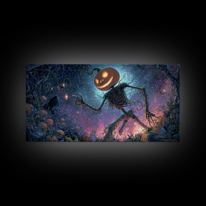 The Cosmic Pumpkin God, Macabre Folk Print Art, Wide Panoramic Art, Macabre Wall Art, Framed Canvas Print, Halloween Wall Art