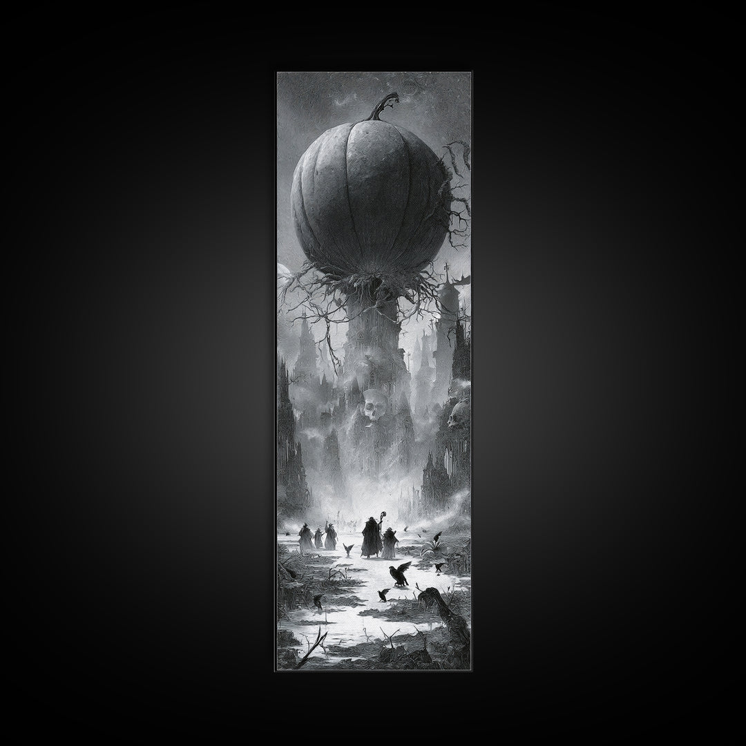 The Cosmic Pumpkin God, Surreal Apocalyptic Art, Tall Narrow Wall Art, Dark Halloween Decor, Canvas Print, Halloween Wall Art
