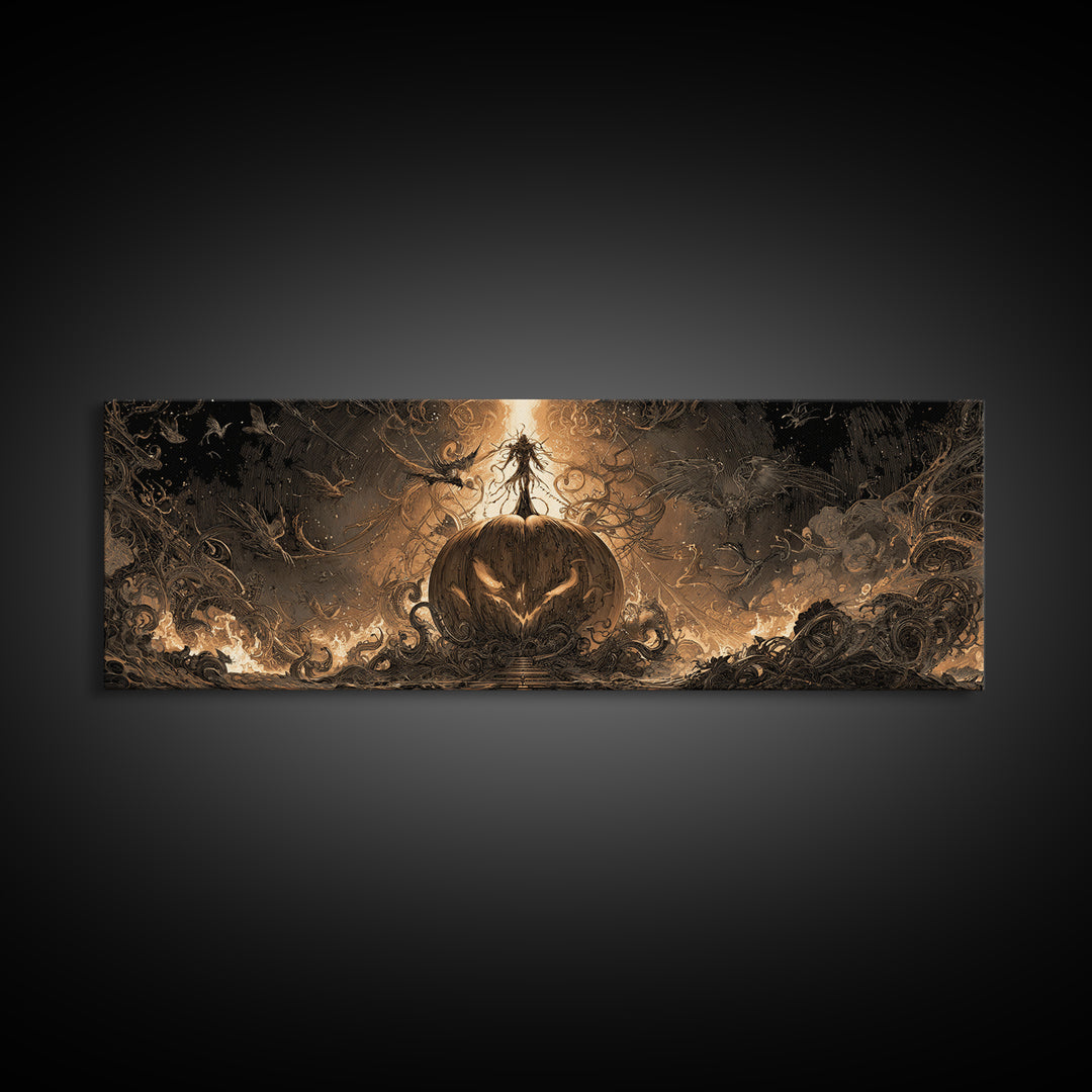 The Cosmic Pumpkin God, Biomechanical Horror Art, Extra Wide Wall Art, Dark Fantasy Wall Art, Canvas Print, Halloween Wall Art