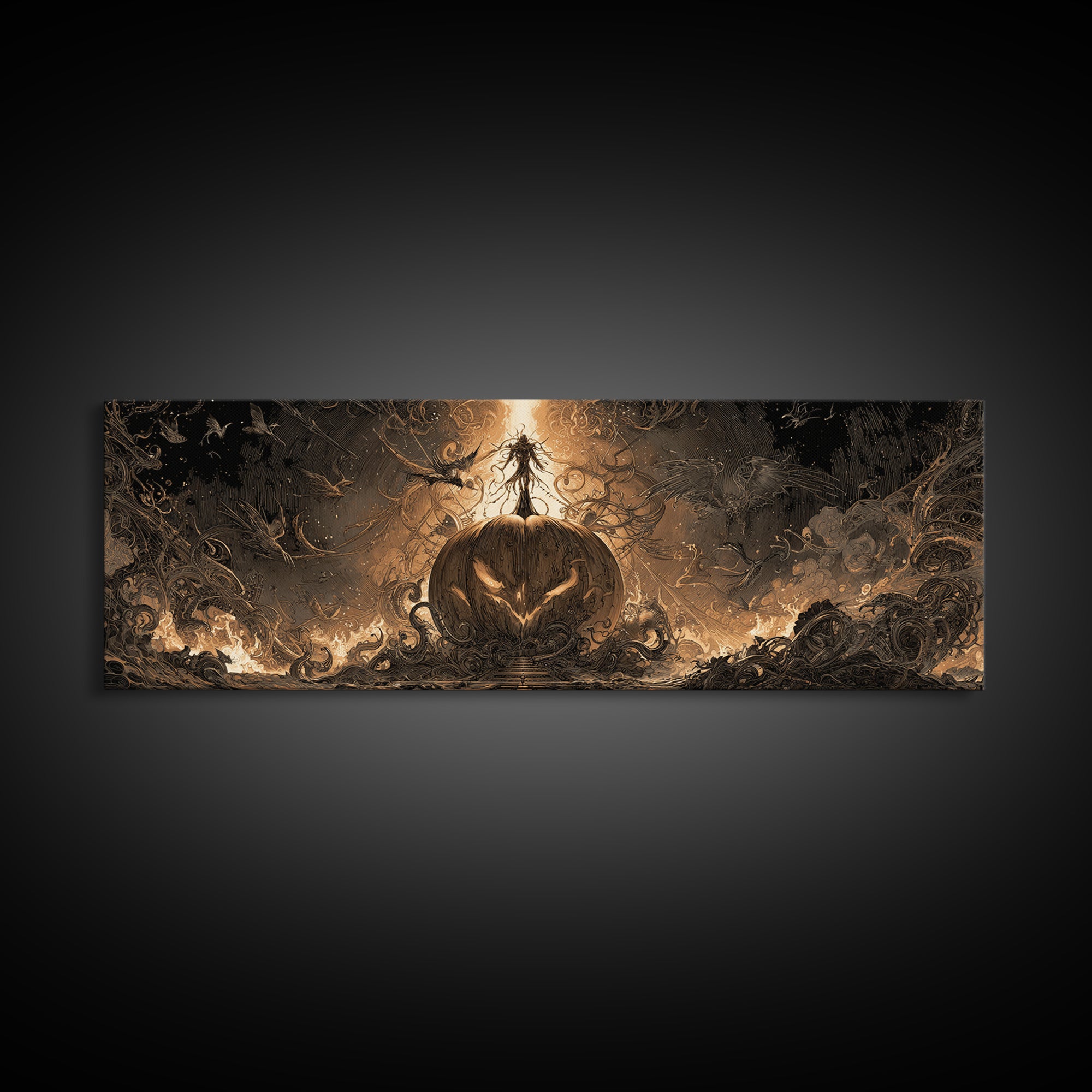 The Cosmic Pumpkin God, Biomechanical Horror Art, Extra Wide Wall Art, Dark Fantasy Wall Art, Canvas Print, Halloween Wall Art