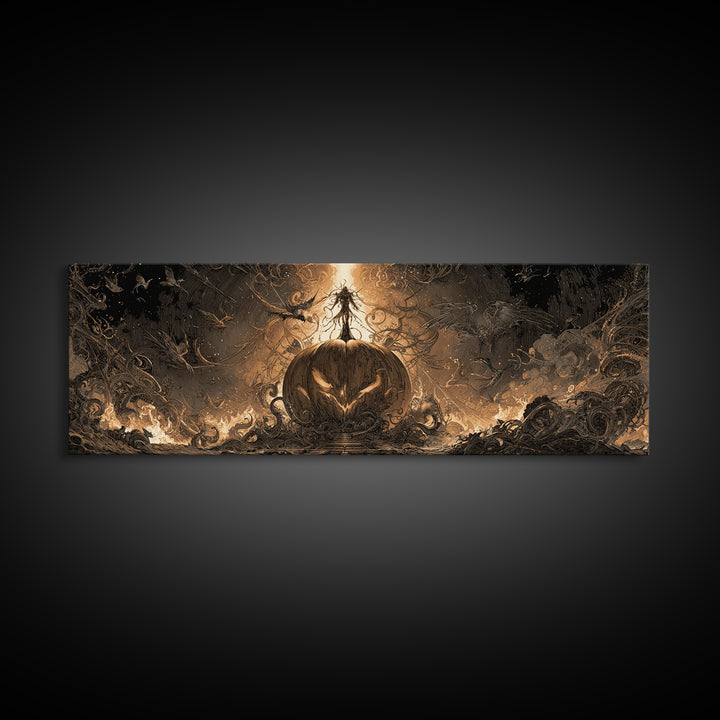 The Cosmic Pumpkin God, Biomechanical Horror Art, Extra Wide Wall Art, Dark Fantasy Wall Art, Canvas Print, Halloween Wall Art