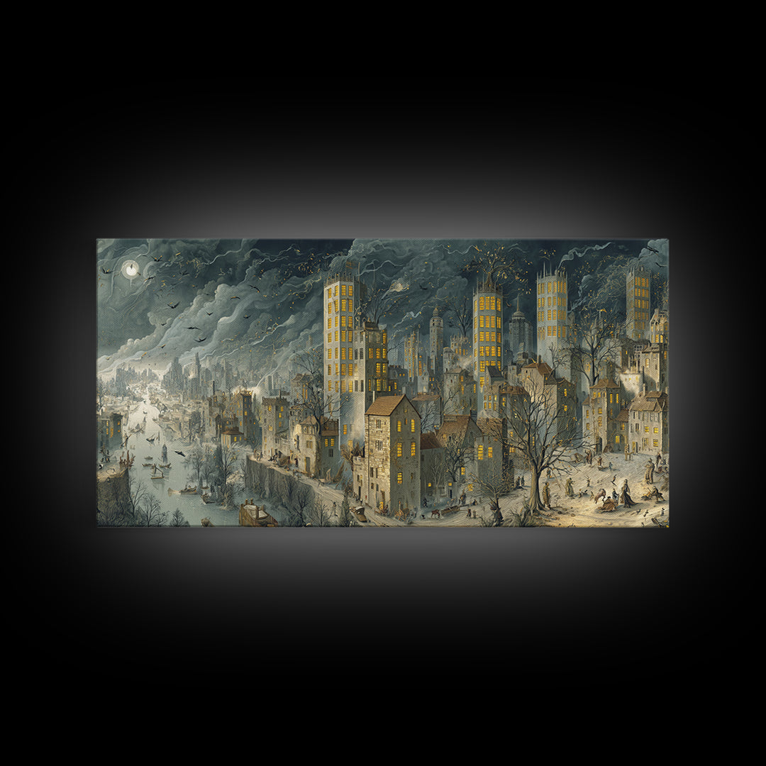 The Haunted City Skyline, Northern Renaissance Horror, Wide Panoramic Art, Gothic Horror Wall Art, Framed Canvas Print