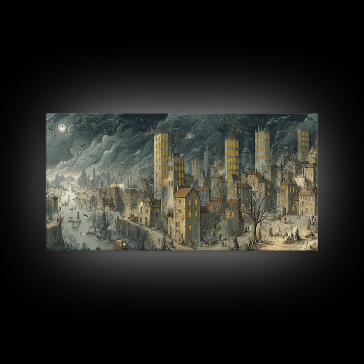 The Haunted City Skyline, Northern Renaissance Horror, Wide Panoramic Art, Gothic Horror Wall Art, Framed Canvas Print