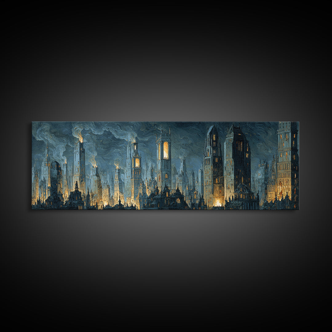 The Haunted City Skyline, Danse Macabre Art, Extra Wide Wall Art, Dark Halloween Decor, Canvas Print, Halloween Wall Art