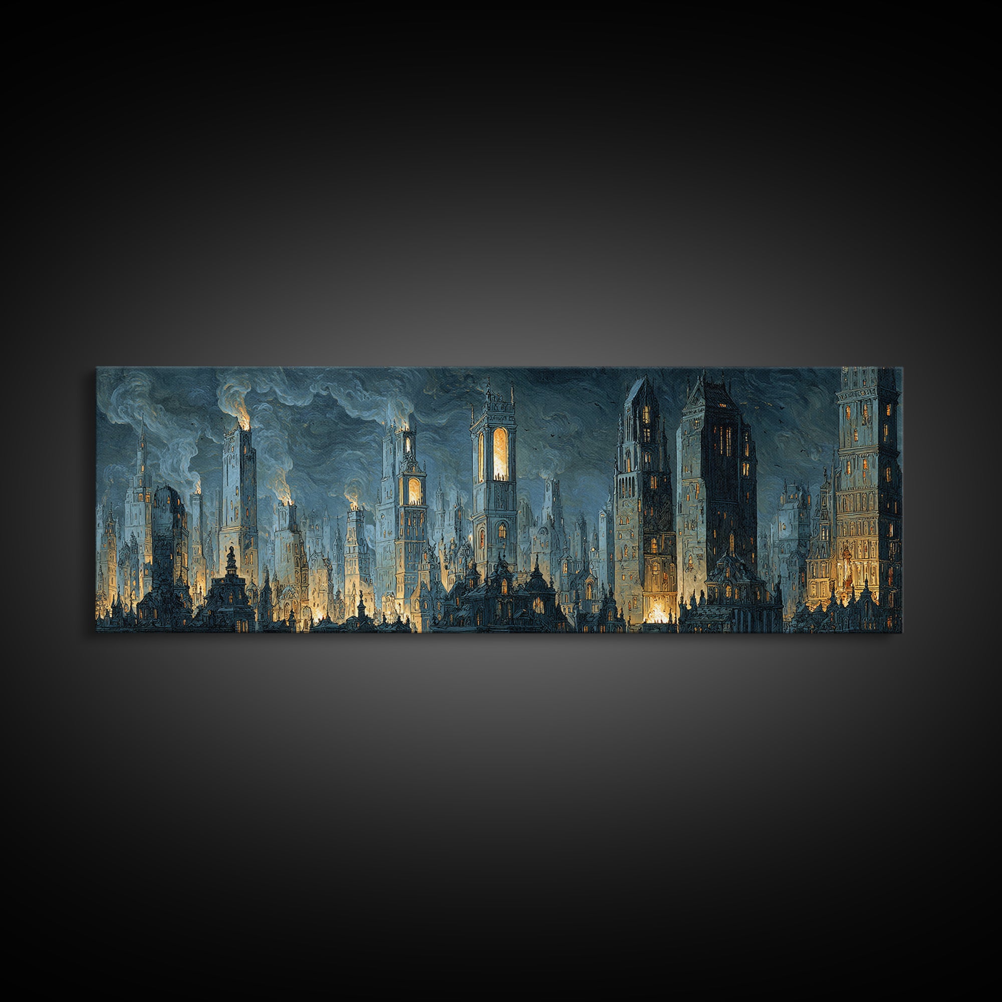 The Haunted City Skyline, Danse Macabre Art, Extra Wide Wall Art, Dark Halloween Decor, Canvas Print, Halloween Wall Art