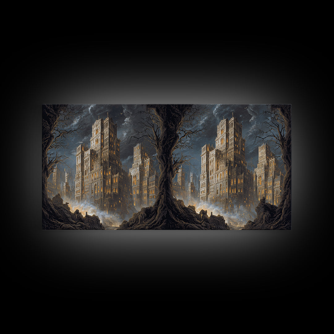 The Haunted City Skyline, Baroque Witchcraft Art, Wide Panoramic Art, Macabre Wall Art, Canvas Print, Halloween Wall Art