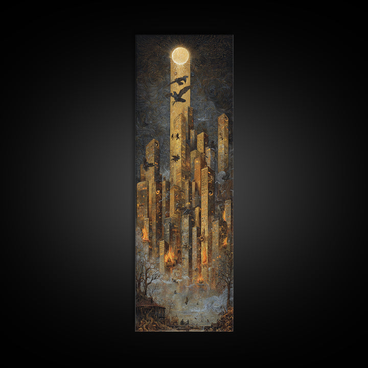 The Haunted City Skyline, Visionary Gothic Art, Tall Narrow Wall Art, Macabre Wall Art, Framed Canvas Print, Halloween Wall Art