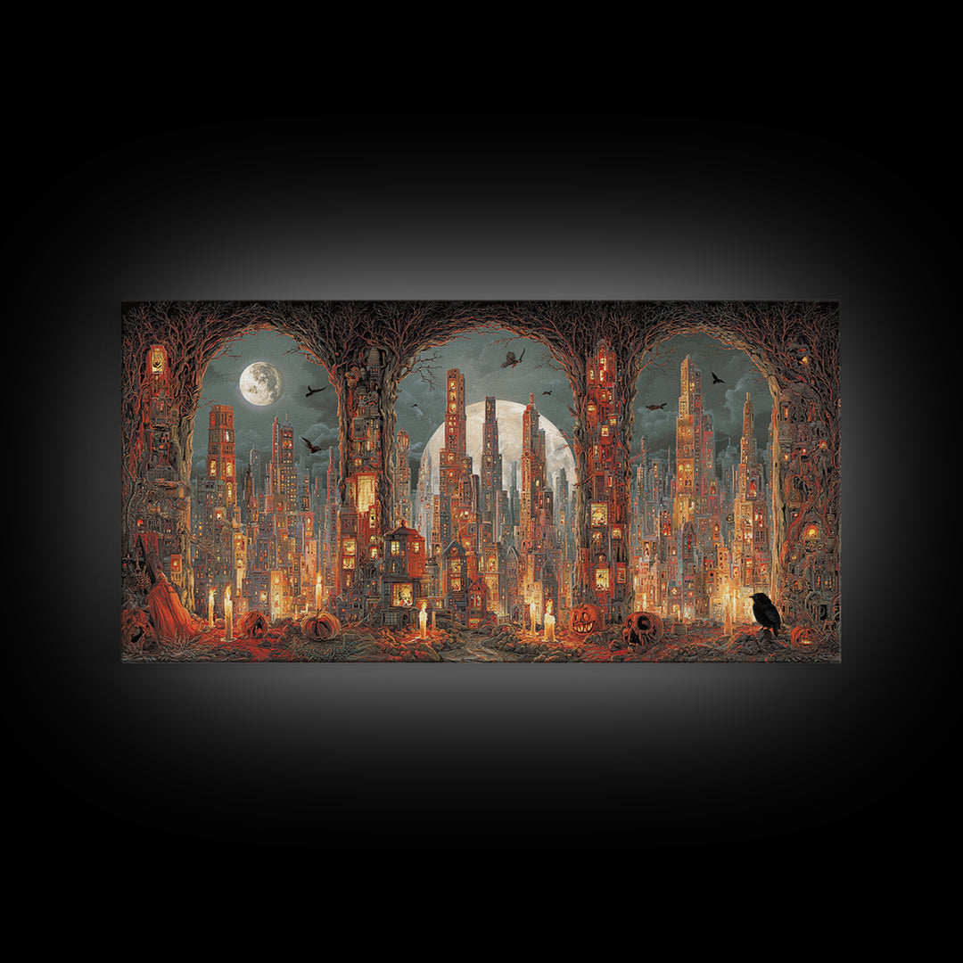The Haunted City Skyline, Apocalyptic Romantic Art, Wide Panoramic Art, Macabre Wall Art, Canvas Print, Halloween Wall Art
