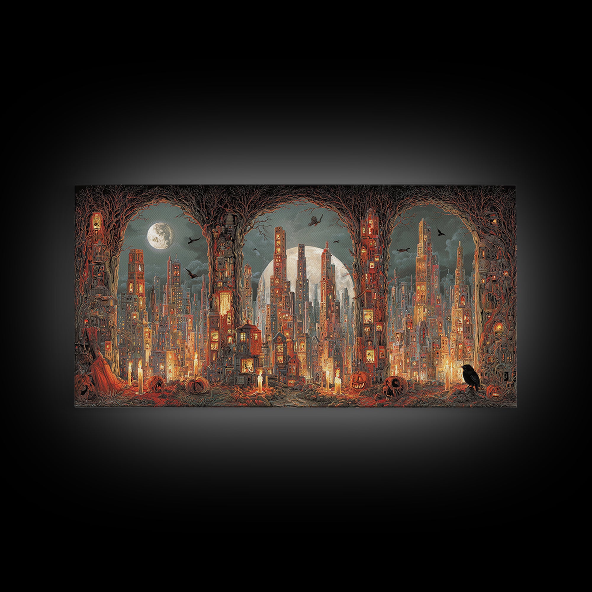 The Haunted City Skyline, Apocalyptic Romantic Art, Wide Panoramic Art, Macabre Wall Art, Canvas Print, Halloween Wall Art
