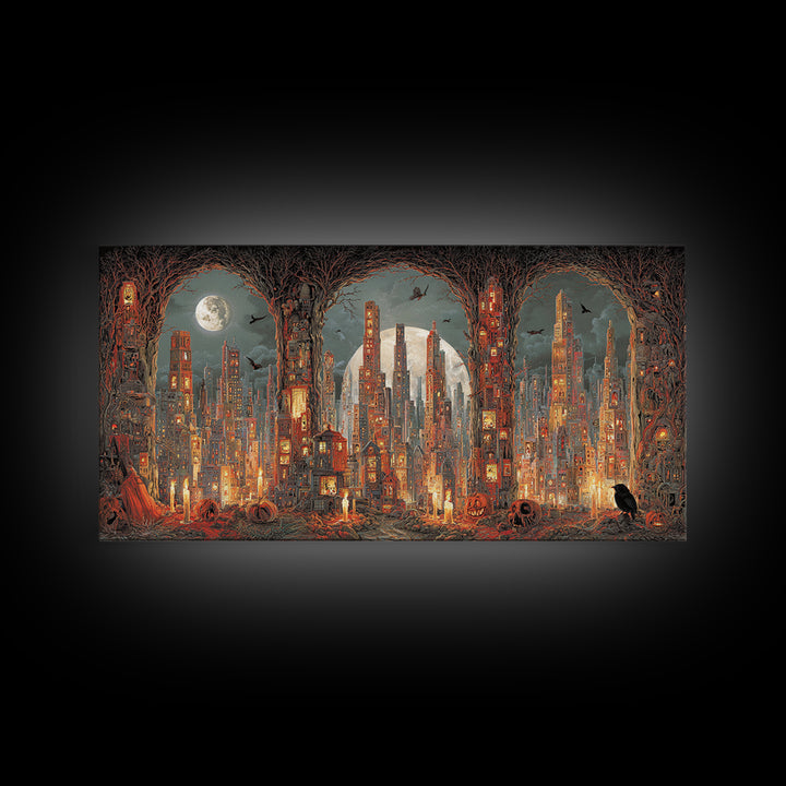 The Haunted City Skyline, Apocalyptic Romantic Art, Wide Panoramic Art, Macabre Wall Art, Canvas Print, Halloween Wall Art