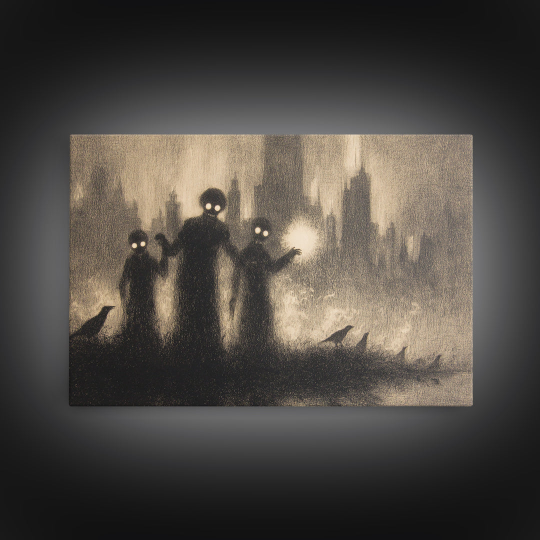 The Haunted City Skyline, Symbolist Dream Art, Landscape Wall Art, Dark Halloween Decor, Framed Canvas Print, Halloween Wall Art