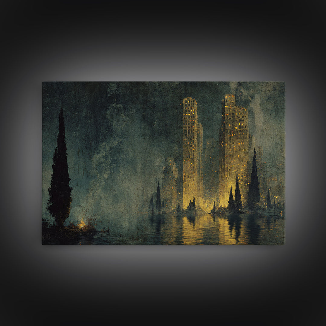 The Haunted City Skyline, Symbolist Gothic Landscape, Landscape Wall Art, Dark Fantasy Wall Art, Canvas Print, Halloween Wall Art