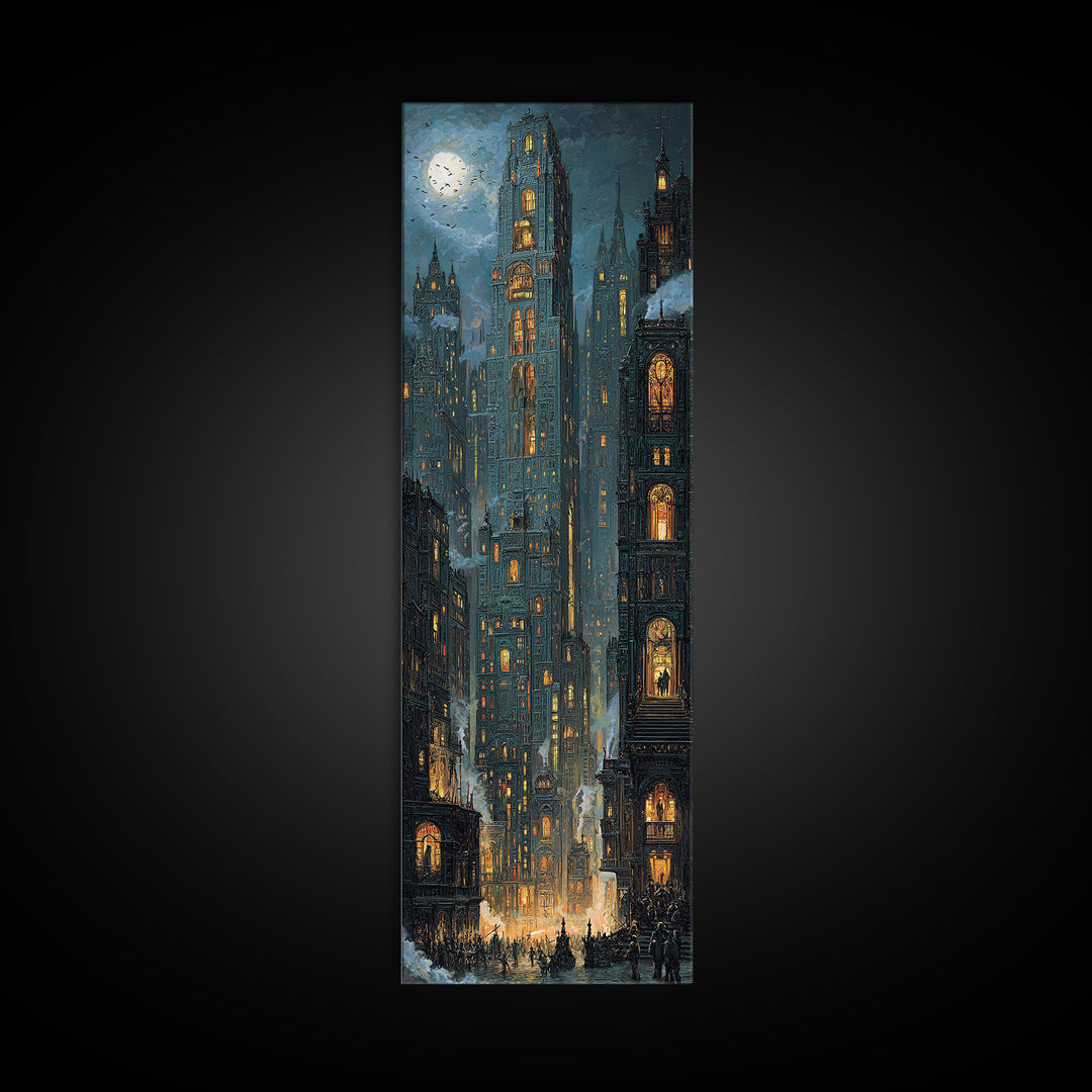 The Haunted City Skyline, Ornate Symbolist Art, Tall Narrow Wall Art, Gothic Horror Wall Art, Framed Canvas Print, Halloween Wall Art