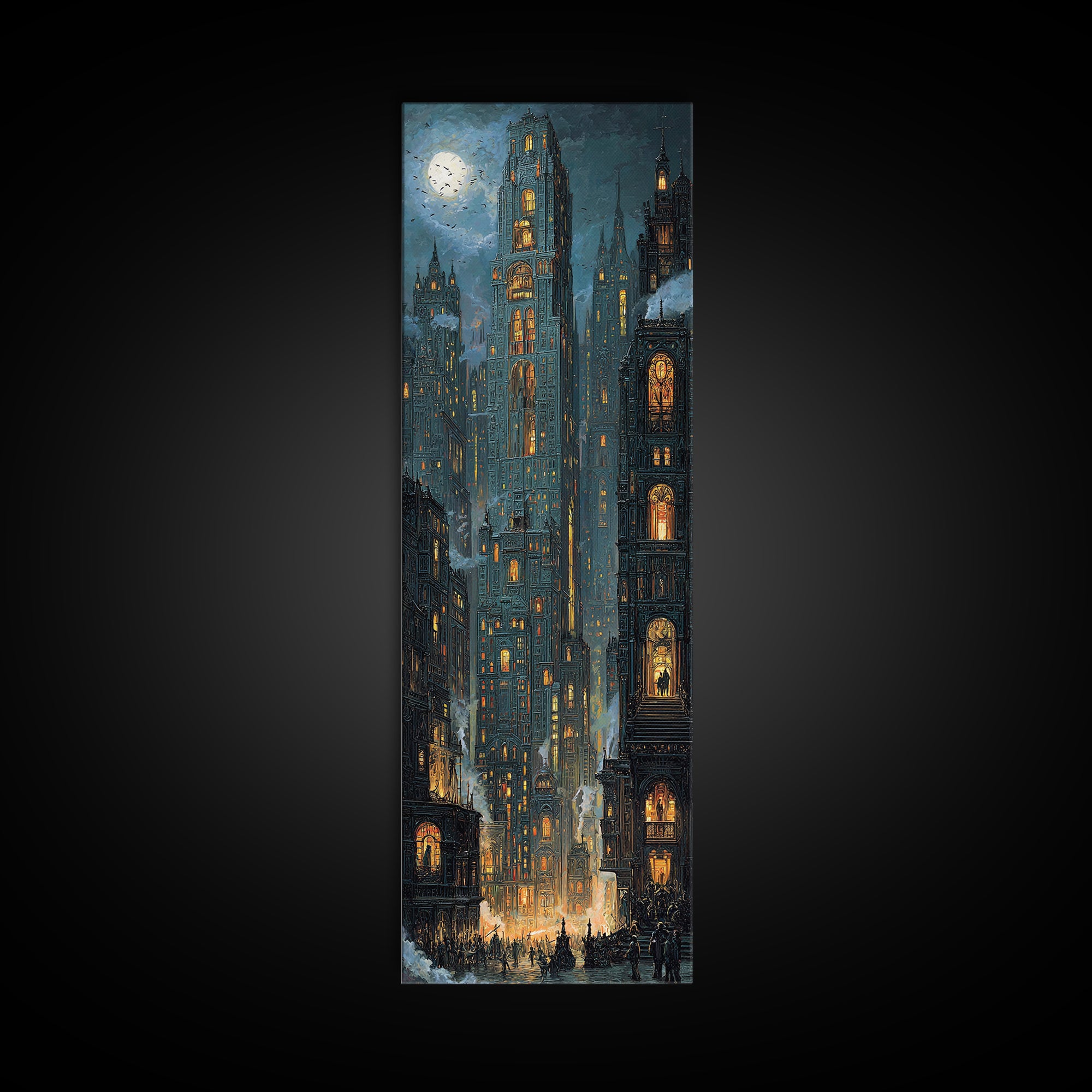 The Haunted City Skyline, Ornate Symbolist Art, Tall Narrow Wall Art, Gothic Horror Wall Art, Framed Canvas Print, Halloween Wall Art
