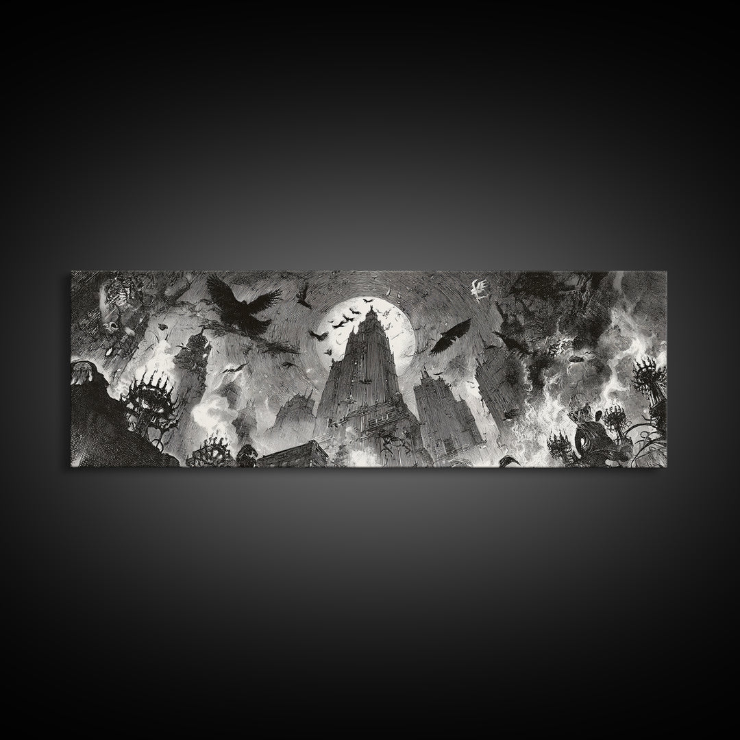 The Haunted City Skyline, Decadent Gothic Art, Extra Wide Wall Art, Macabre Wall Art, Canvas Print, Halloween Wall Art