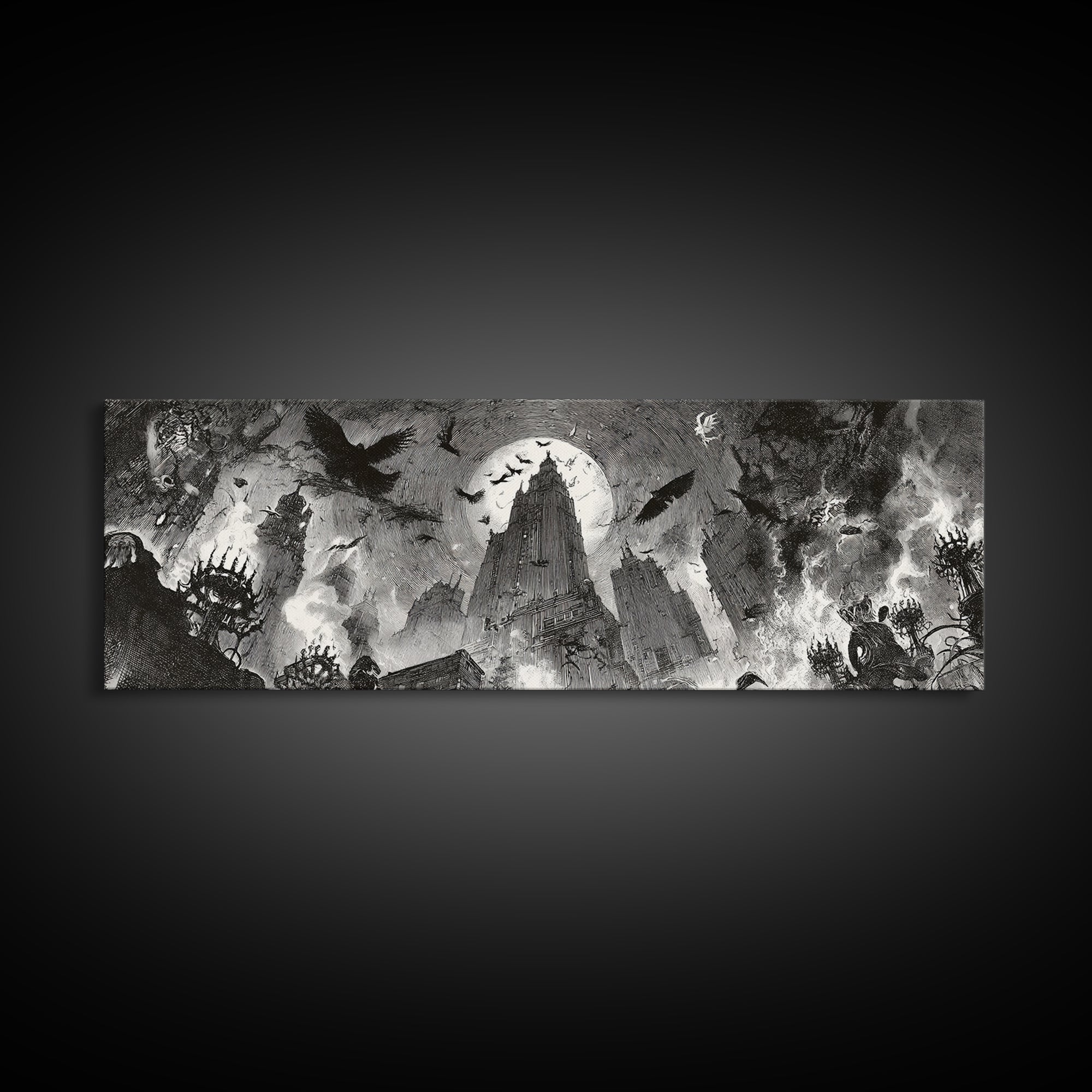 The Haunted City Skyline, Decadent Gothic Art, Extra Wide Wall Art, Macabre Wall Art, Canvas Print, Halloween Wall Art