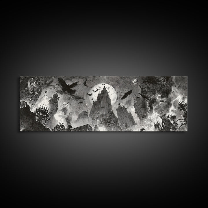 The Haunted City Skyline, Decadent Gothic Art, Extra Wide Wall Art, Macabre Wall Art, Canvas Print, Halloween Wall Art
