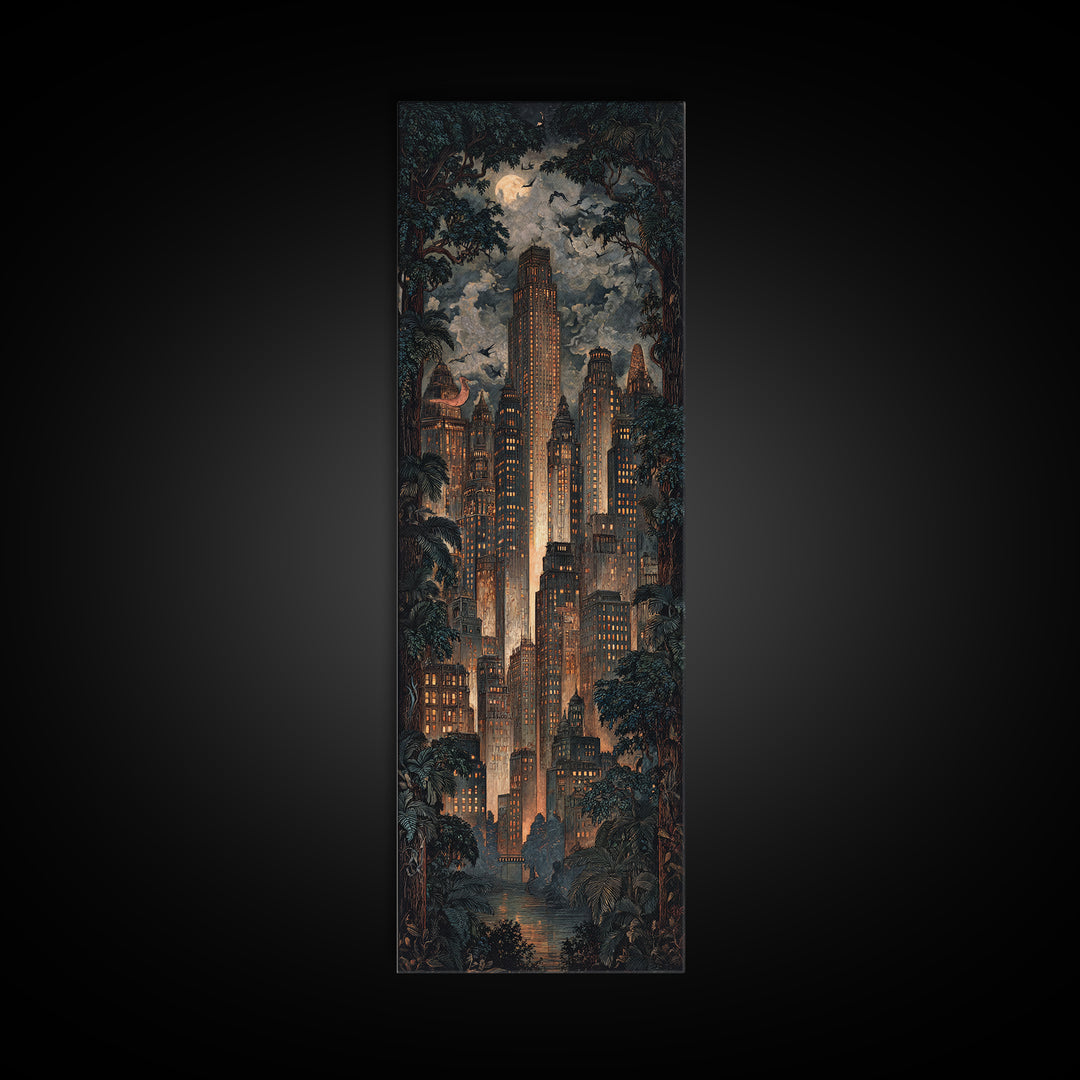 The Haunted City Skyline, Dark Symbolist Art, Tall Narrow Wall Art, Dark Fantasy Wall Art, Framed Canvas Print, Halloween Wall Art