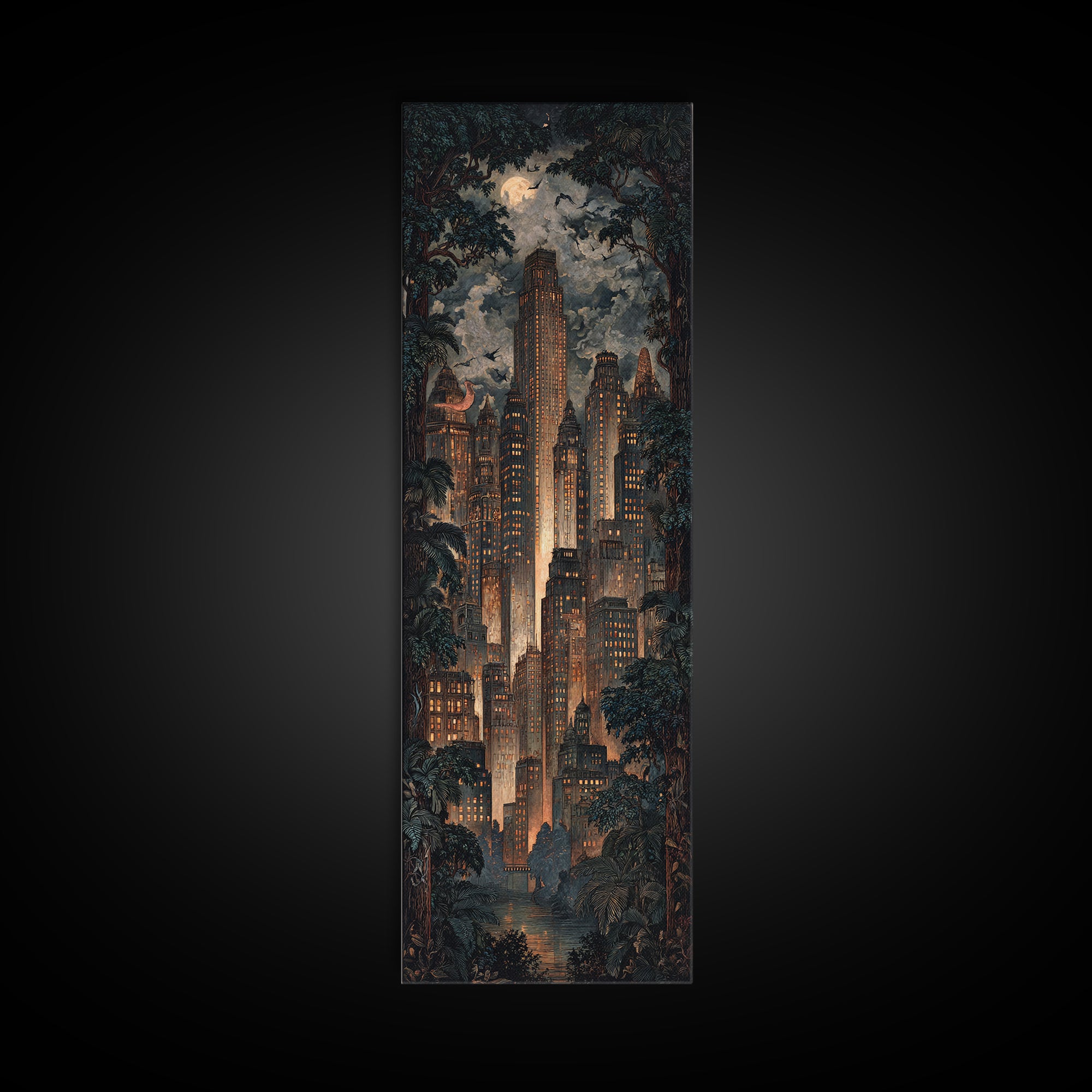 The Haunted City Skyline, Dark Symbolist Art, Tall Narrow Wall Art, Dark Fantasy Wall Art, Framed Canvas Print, Halloween Wall Art