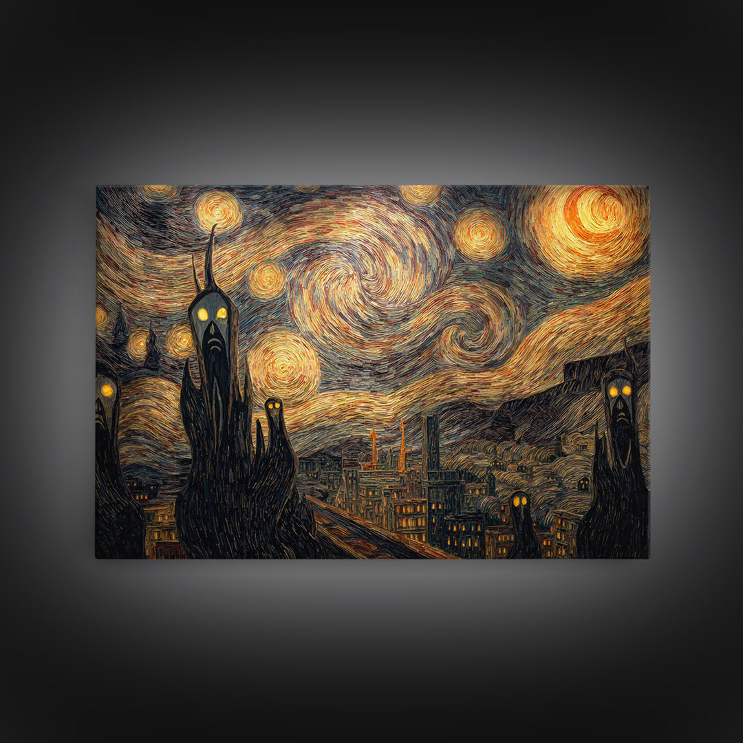 The Haunted City Skyline, Expressionist Gothic Art, Landscape Wall Art, Dark Halloween Decor, Canvas Print, Halloween Wall Art