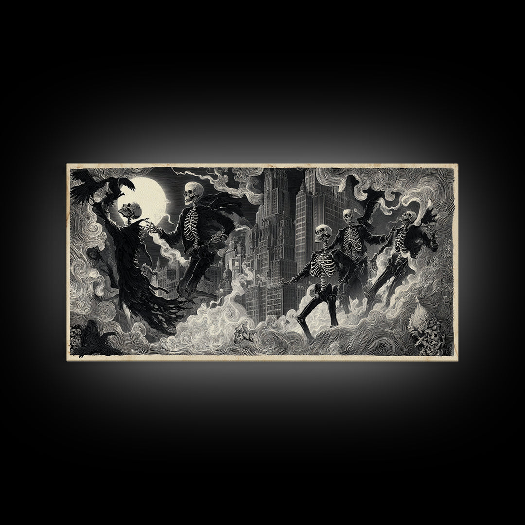 The Haunted City Skyline, Macabre Folk Print Art, Wide Panoramic Art, Gothic Horror Wall Art, Canvas Print, Halloween Wall Art