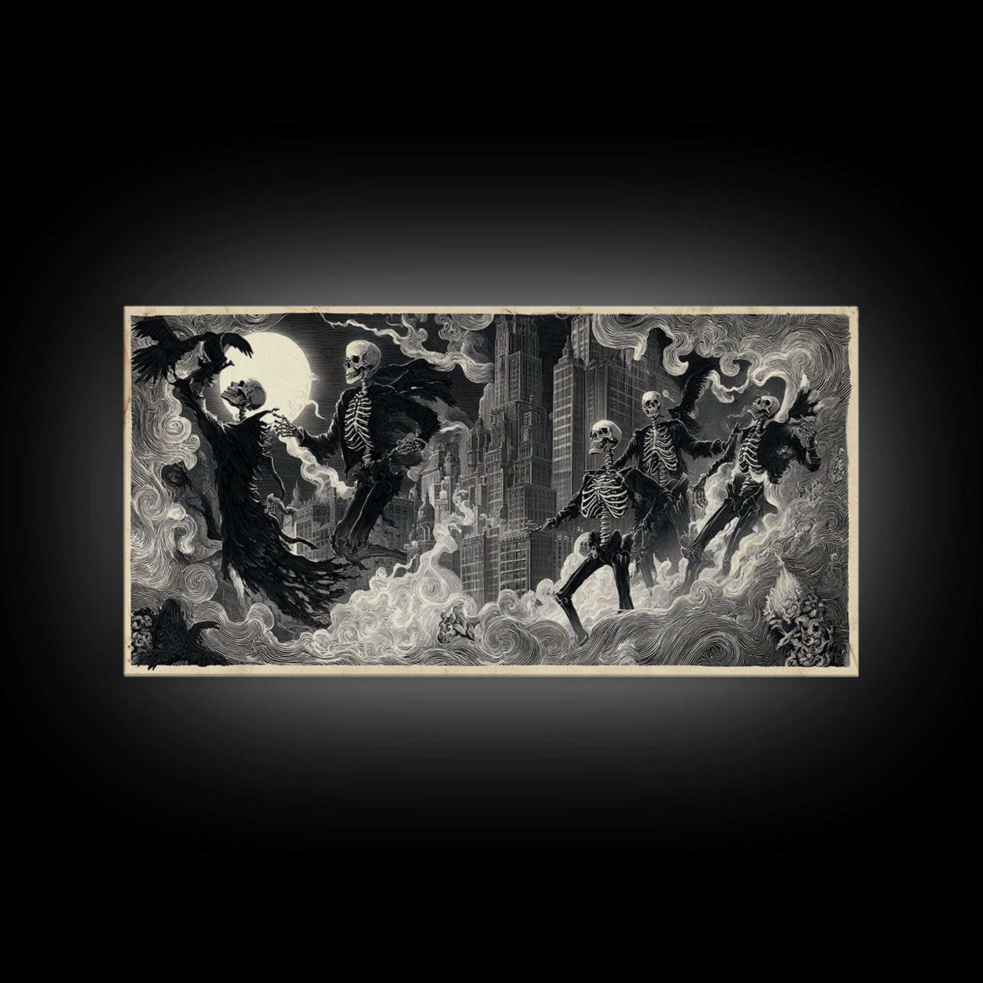 The Haunted City Skyline, Macabre Folk Print Art, Wide Panoramic Art, Gothic Horror Wall Art, Canvas Print, Halloween Wall Art