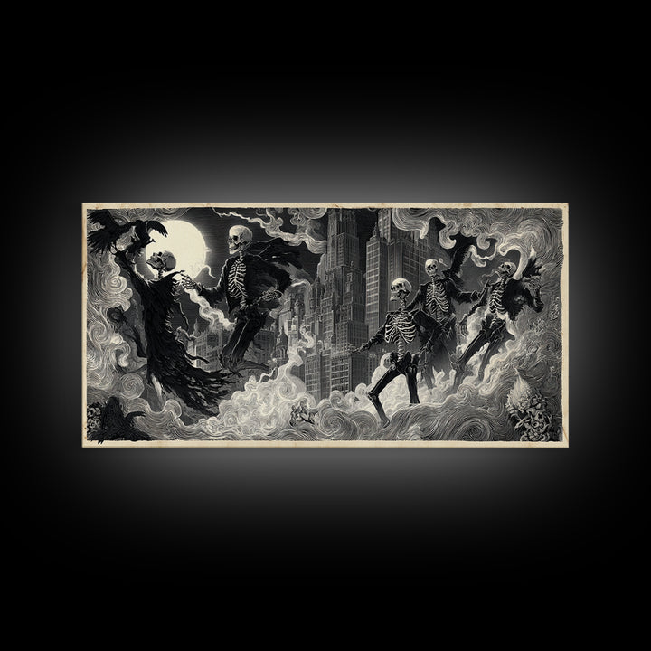 The Haunted City Skyline, Macabre Folk Print Art, Wide Panoramic Art, Gothic Horror Wall Art, Canvas Print, Halloween Wall Art