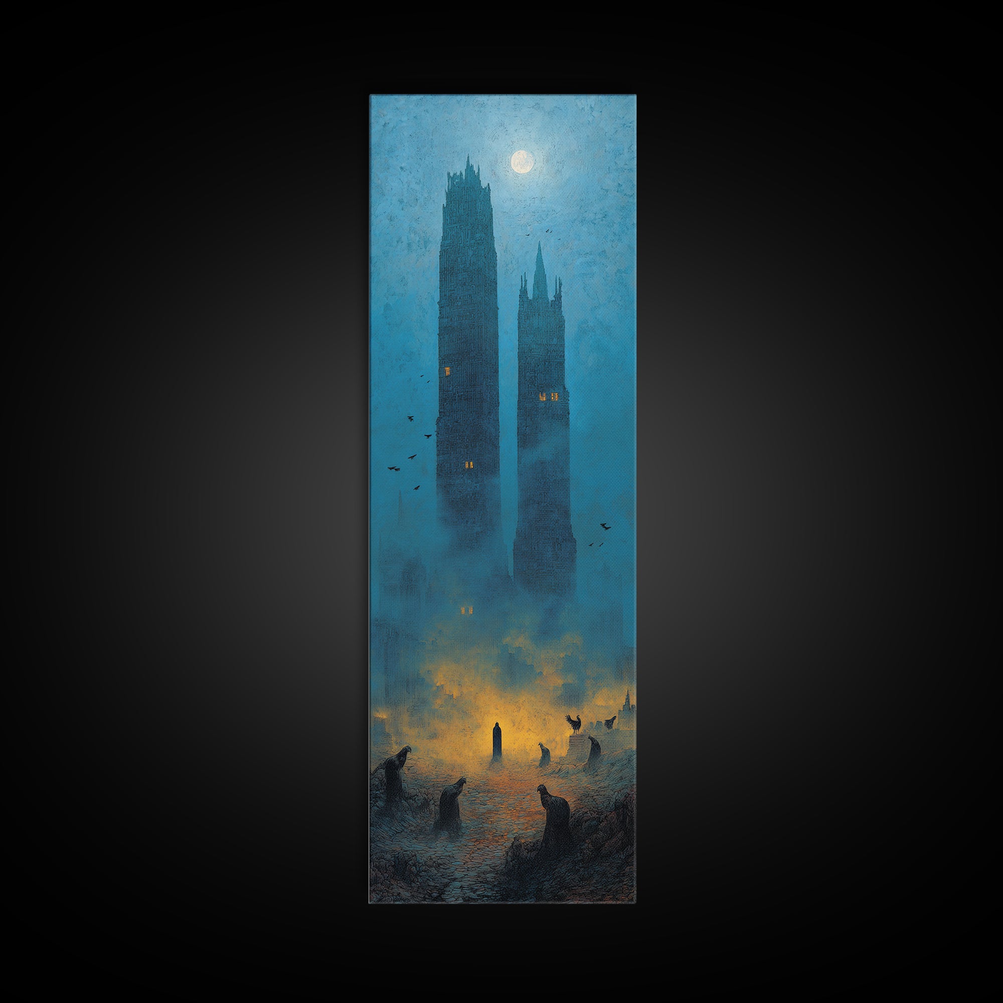 The Haunted City Skyline, Surreal Apocalyptic Art, Tall Narrow Wall Art, Dark Halloween Decor, Framed Canvas Print