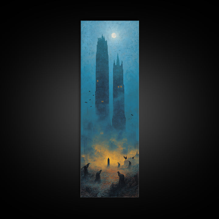 The Haunted City Skyline, Surreal Apocalyptic Art, Tall Narrow Wall Art, Dark Halloween Decor, Framed Canvas Print