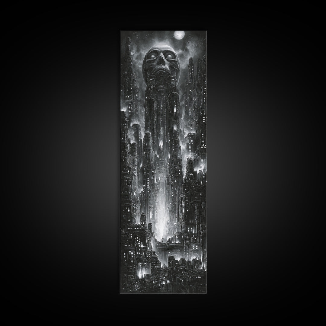 The Haunted City Skyline, Biomechanical Horror Art, Tall Narrow Wall Art, Dark Fantasy Wall Art, Canvas Print, Halloween Wall Art