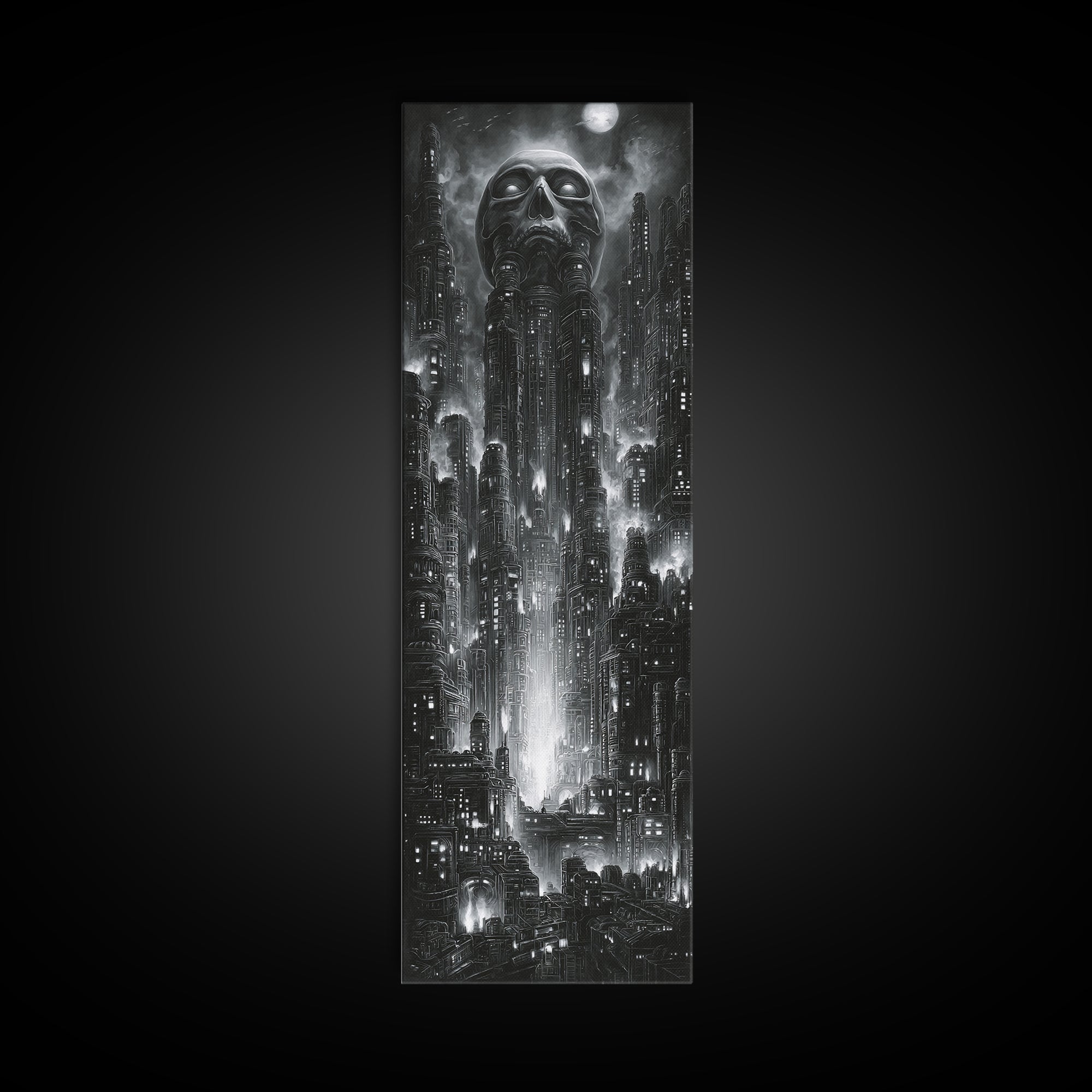 The Haunted City Skyline, Biomechanical Horror Art, Tall Narrow Wall Art, Dark Fantasy Wall Art, Canvas Print, Halloween Wall Art