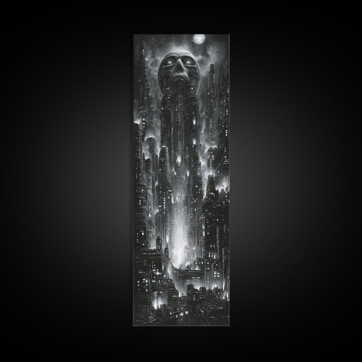 The Haunted City Skyline, Biomechanical Horror Art, Tall Narrow Wall Art, Dark Fantasy Wall Art, Canvas Print, Halloween Wall Art