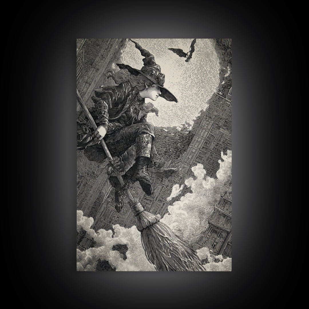 The Cyberpunk Witch, Renaissance Engraving Art, Vertical Wall Art, Dark Fantasy Wall Art, Framed Canvas Print, Halloween Wall Art