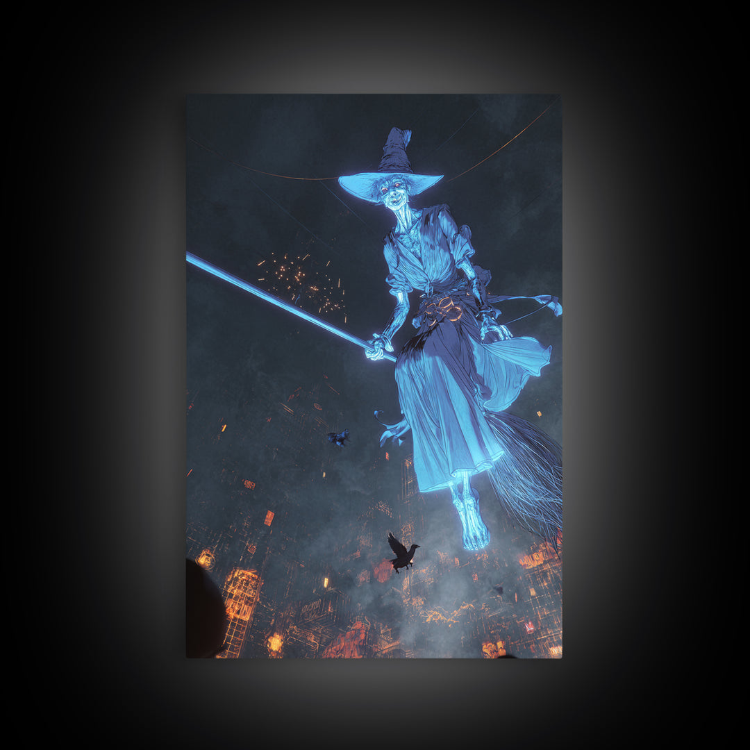 The Cyberpunk Witch, Gothic Nightmare Art, Vertical Wall Art, Dark Halloween Decor, Framed Canvas Print, Halloween Wall Art