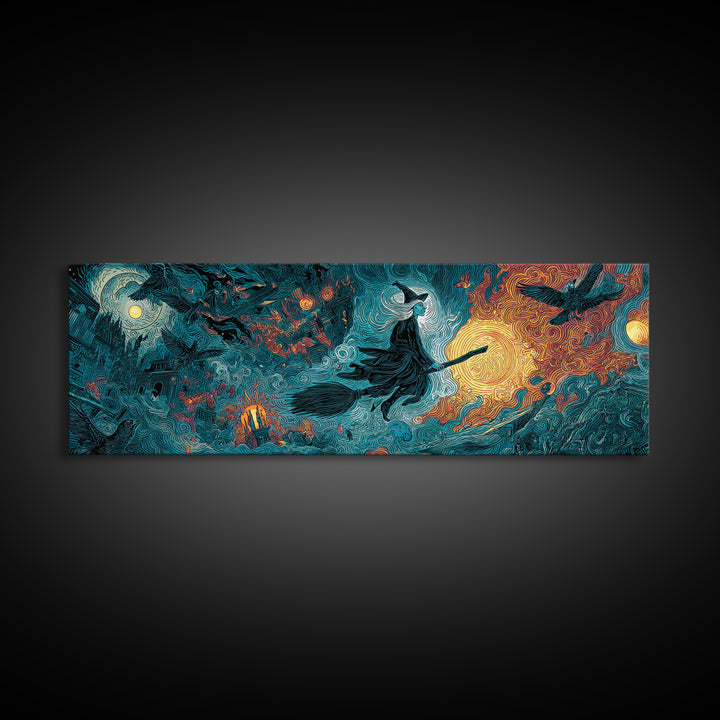 The Cyberpunk Witch, Visionary Gothic Art, Extra Wide Wall Art, Dark Fantasy Wall Art, Canvas Print, Halloween Wall Art