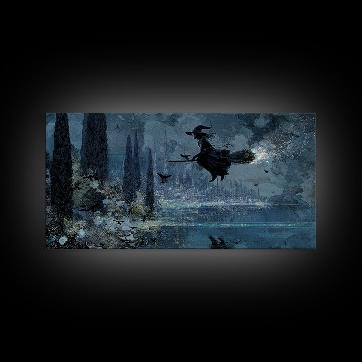 The Cyberpunk Witch, Symbolist Gothic Landscape, Wide Panoramic Art, Gothic Horror Wall Art, Framed Canvas Print, Halloween Wall Art