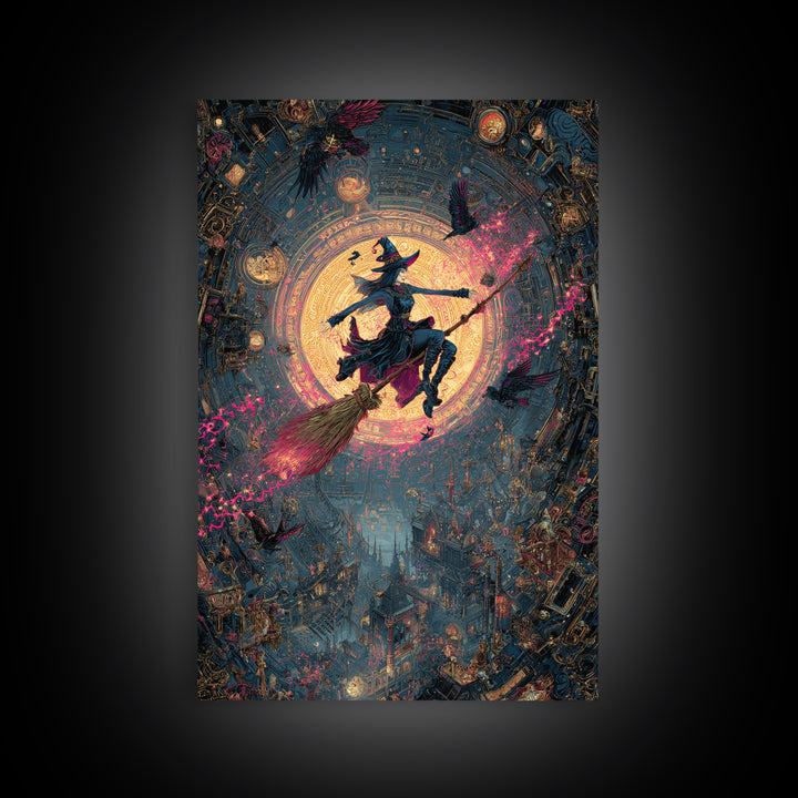 The Cyberpunk Witch, Ornate Symbolist Art, Vertical Wall Art, Macabre Wall Art, Framed Canvas Print, Halloween Wall Art
