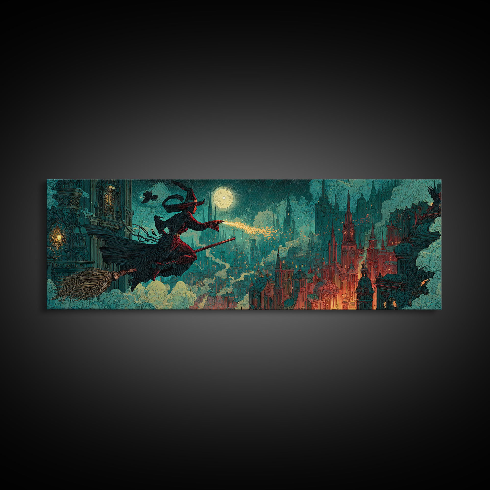 The Cyberpunk Witch, Dark Symbolist Art, Extra Wide Wall Art, Dark Fantasy Wall Art, Canvas Print, Halloween Wall Art