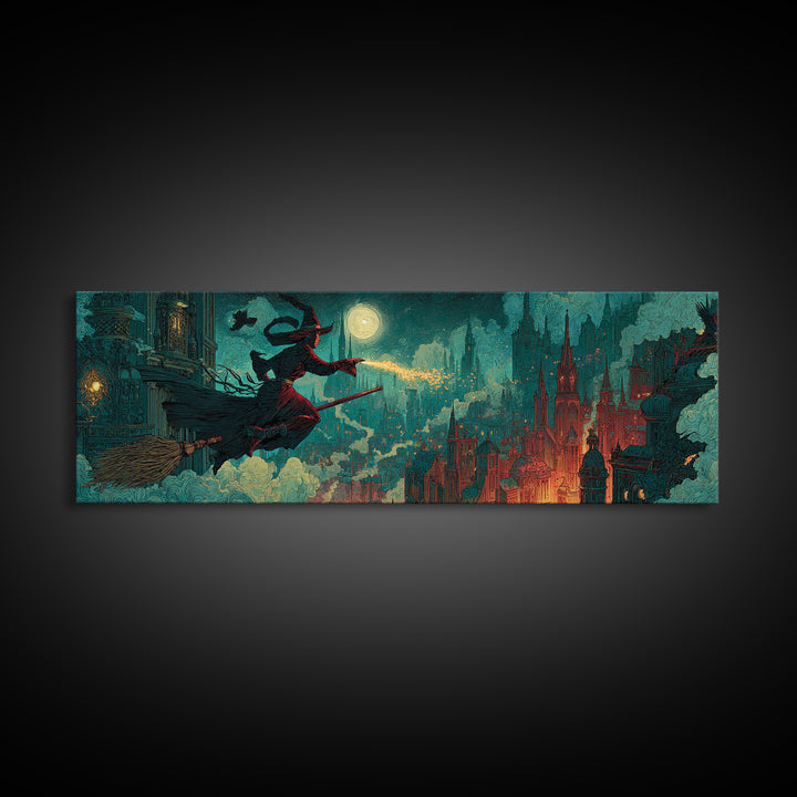 The Cyberpunk Witch, Dark Symbolist Art, Extra Wide Wall Art, Dark Fantasy Wall Art, Canvas Print, Halloween Wall Art