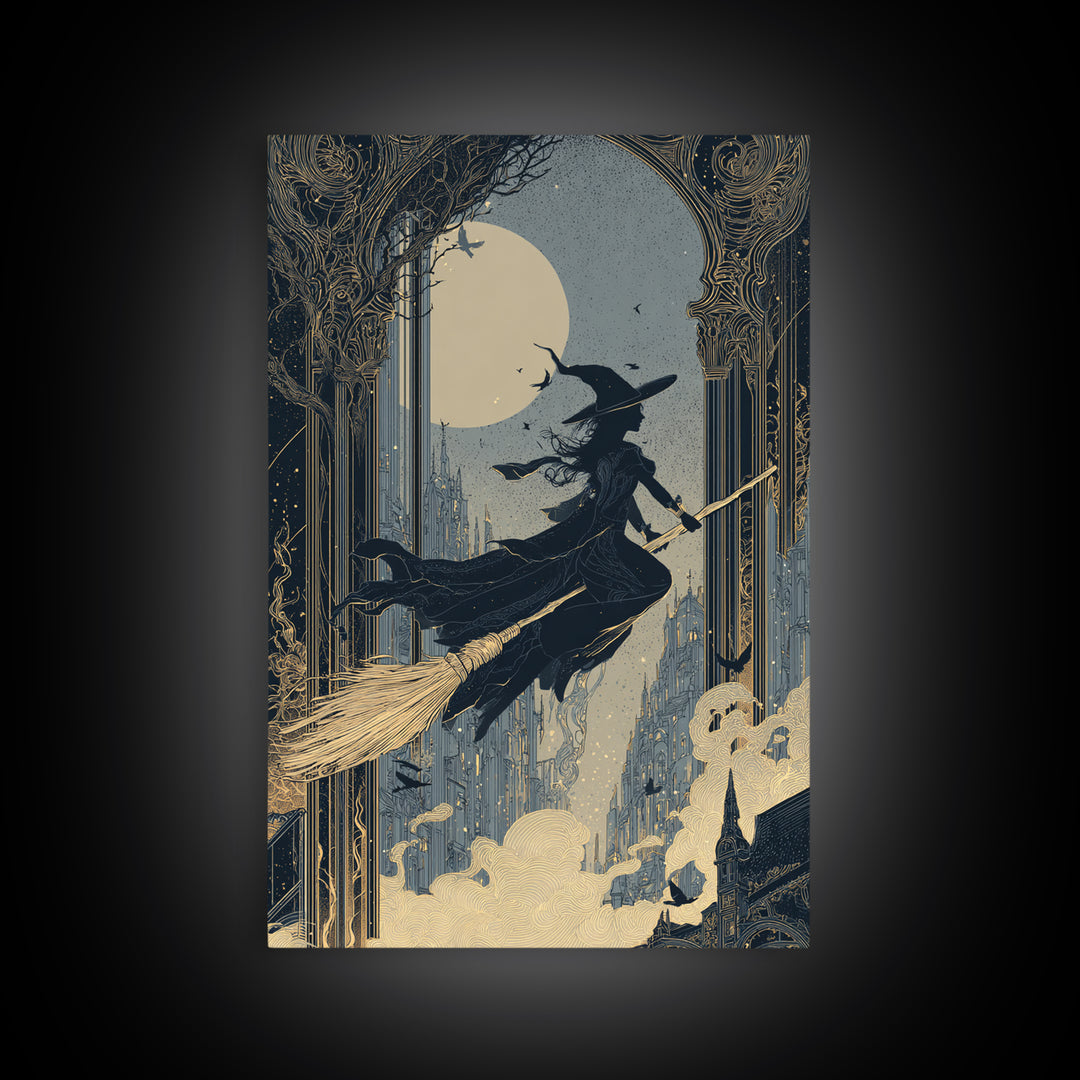 The Cyberpunk Witch, Decadent Line Art, Vertical Wall Art, Dark Fantasy Wall Art, Framed Canvas Print, Halloween Wall Art