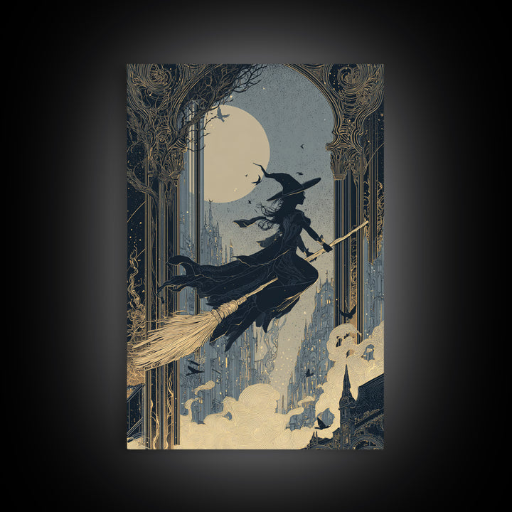 The Cyberpunk Witch, Decadent Line Art, Vertical Wall Art, Dark Fantasy Wall Art, Framed Canvas Print, Halloween Wall Art