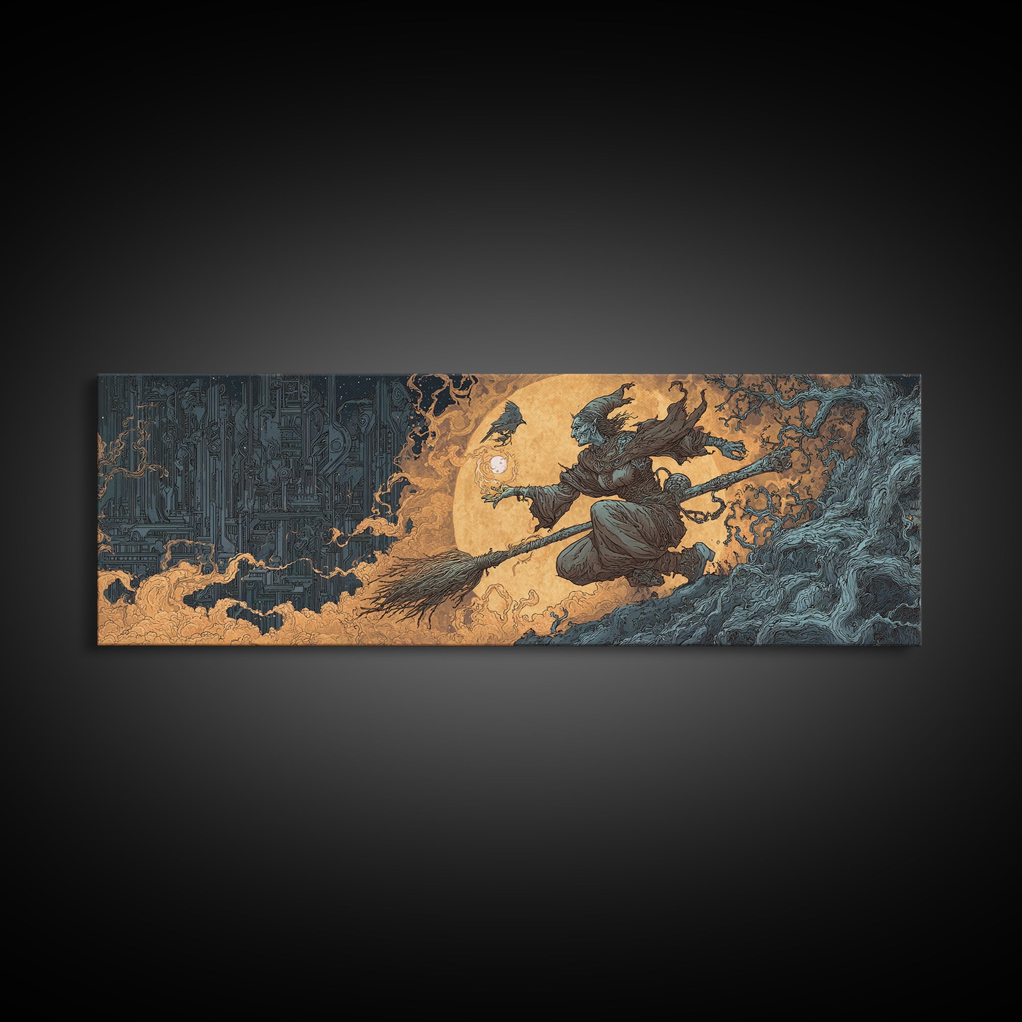 The Cyberpunk Witch, Gothic Storybook Art, Extra Wide Wall Art, Gothic Horror Wall Art, Canvas Print, Halloween Wall Art