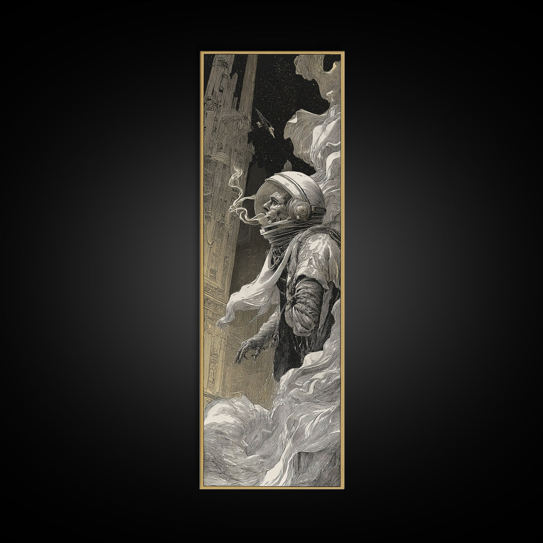 The Astronaut Ghost, Gothic Engraving Art, Tall Narrow Wall Art, Dark Halloween Decor, Framed Canvas Print, Halloween Wall Art