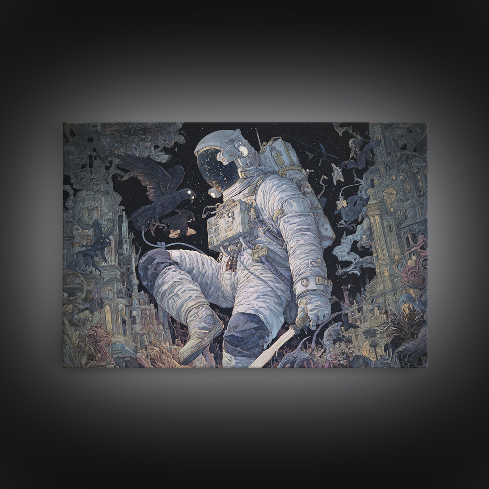 The Astronaut Ghost, Medieval Grotesque Art, Landscape Wall Art, Dark Halloween Decor, Canvas Print, Halloween Wall Art