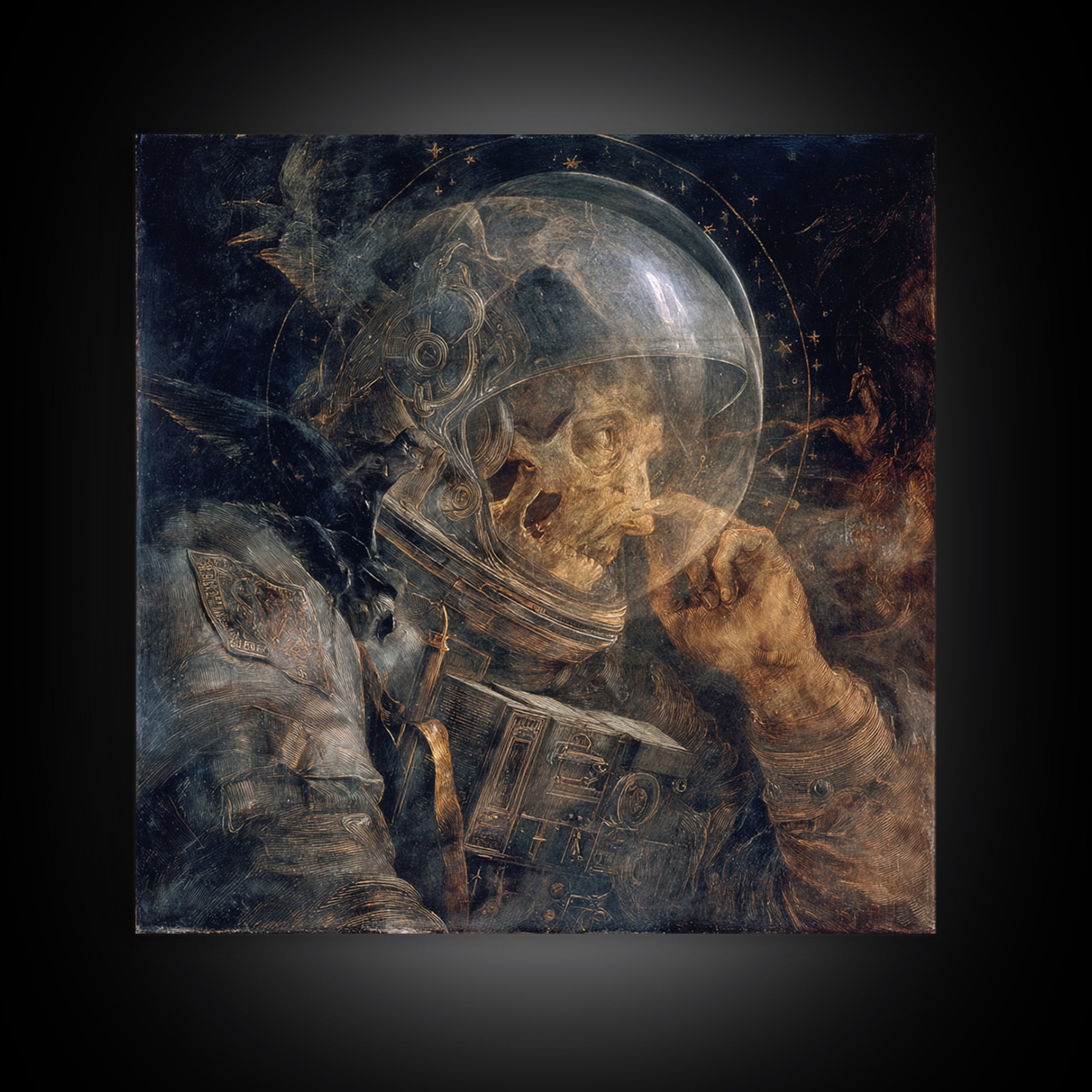The Astronaut Ghost, Dark Renaissance Art, Square Wall Art, Dark Fantasy Wall Art, Framed Canvas Print, Halloween Wall Art