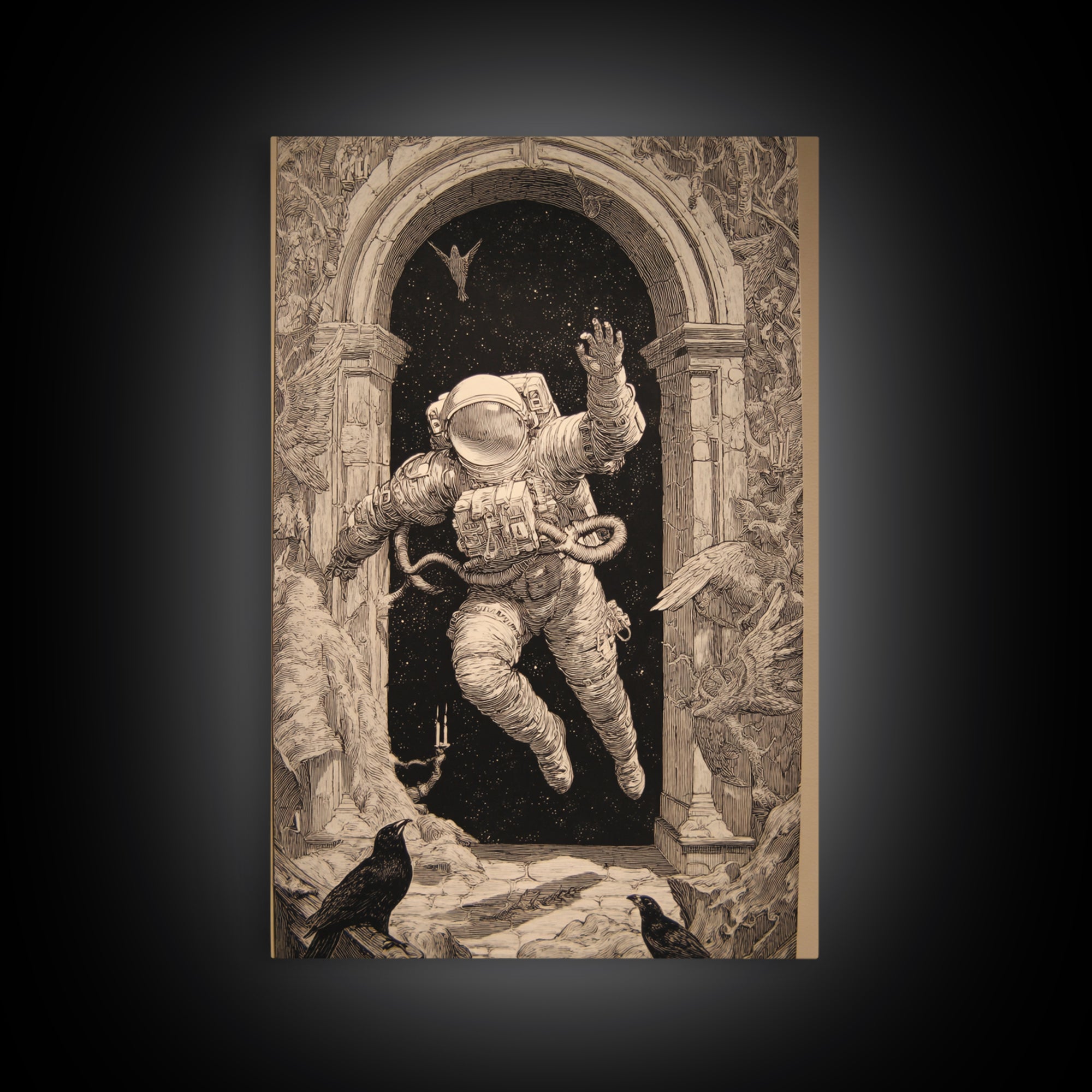 The Astronaut Ghost, Renaissance Engraving Art, Vertical Wall Art, Dark Fantasy Wall Art, Framed Canvas Print, Halloween Wall Art