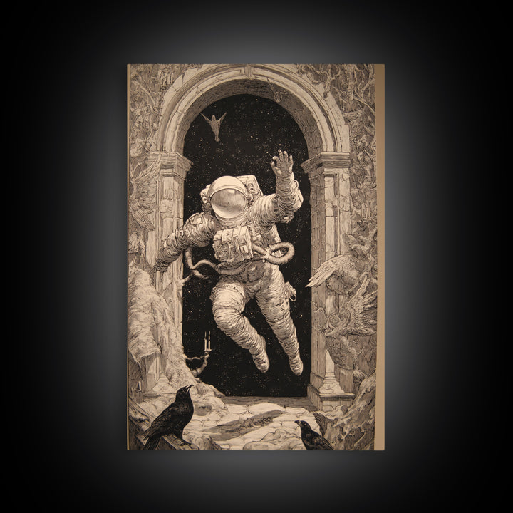 The Astronaut Ghost, Renaissance Engraving Art, Vertical Wall Art, Dark Fantasy Wall Art, Framed Canvas Print, Halloween Wall Art