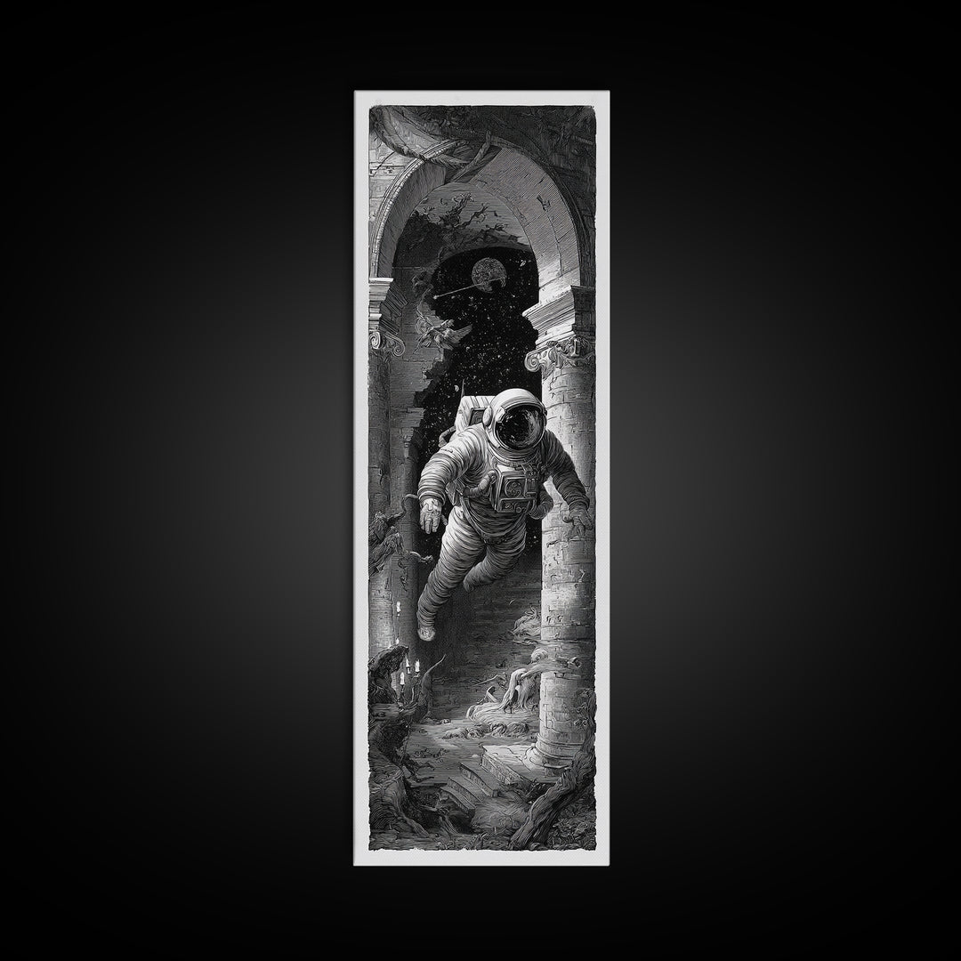 The Astronaut Ghost, Architectural Etching Art, Tall Narrow Wall Art, Dark Halloween Decor, Framed Canvas Print
