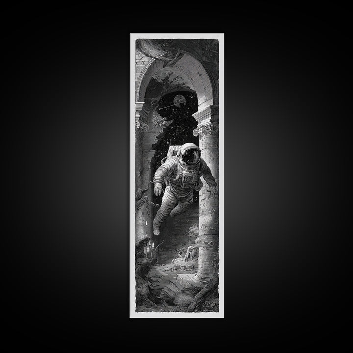 The Astronaut Ghost, Architectural Etching Art, Tall Narrow Wall Art, Dark Halloween Decor, Framed Canvas Print